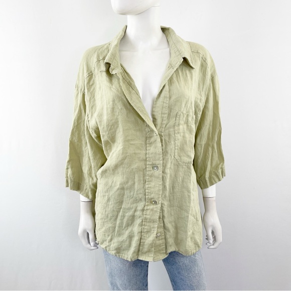 Solai Tops - Solai Green Linen Shirt Top Size M Long Sleeve Button Down Casual Lagenlook